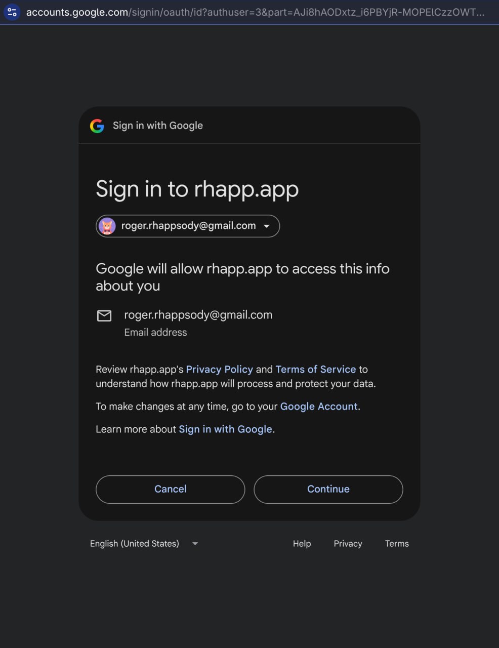 Google sign-in screen saying 'Sign in to rhapp.app', showing a pre-selected Google account and a Continue button