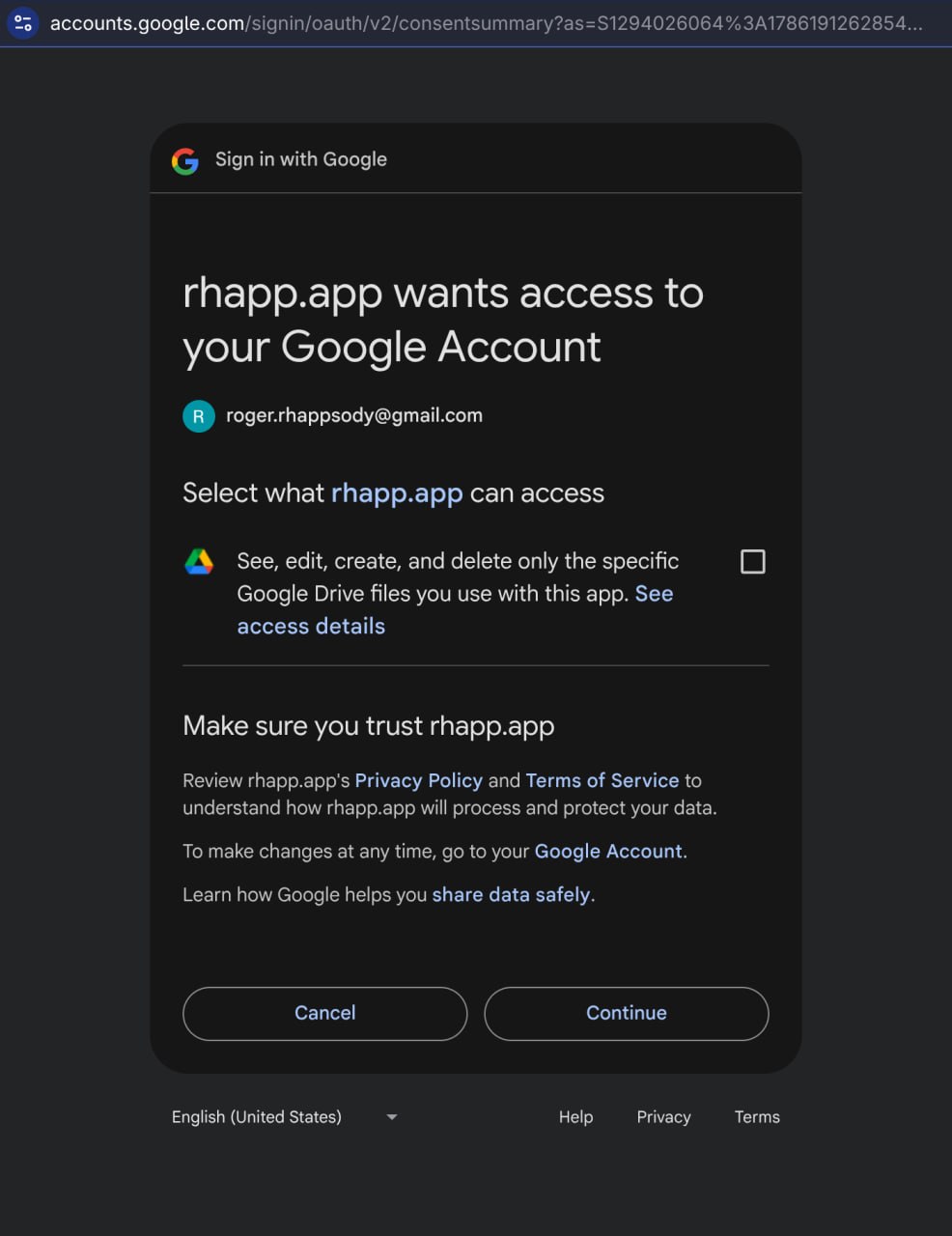 Google permissions screen saying 'rhapp.app wants access to your Google Account' with an unchecked checkbox for specific Google Drive files