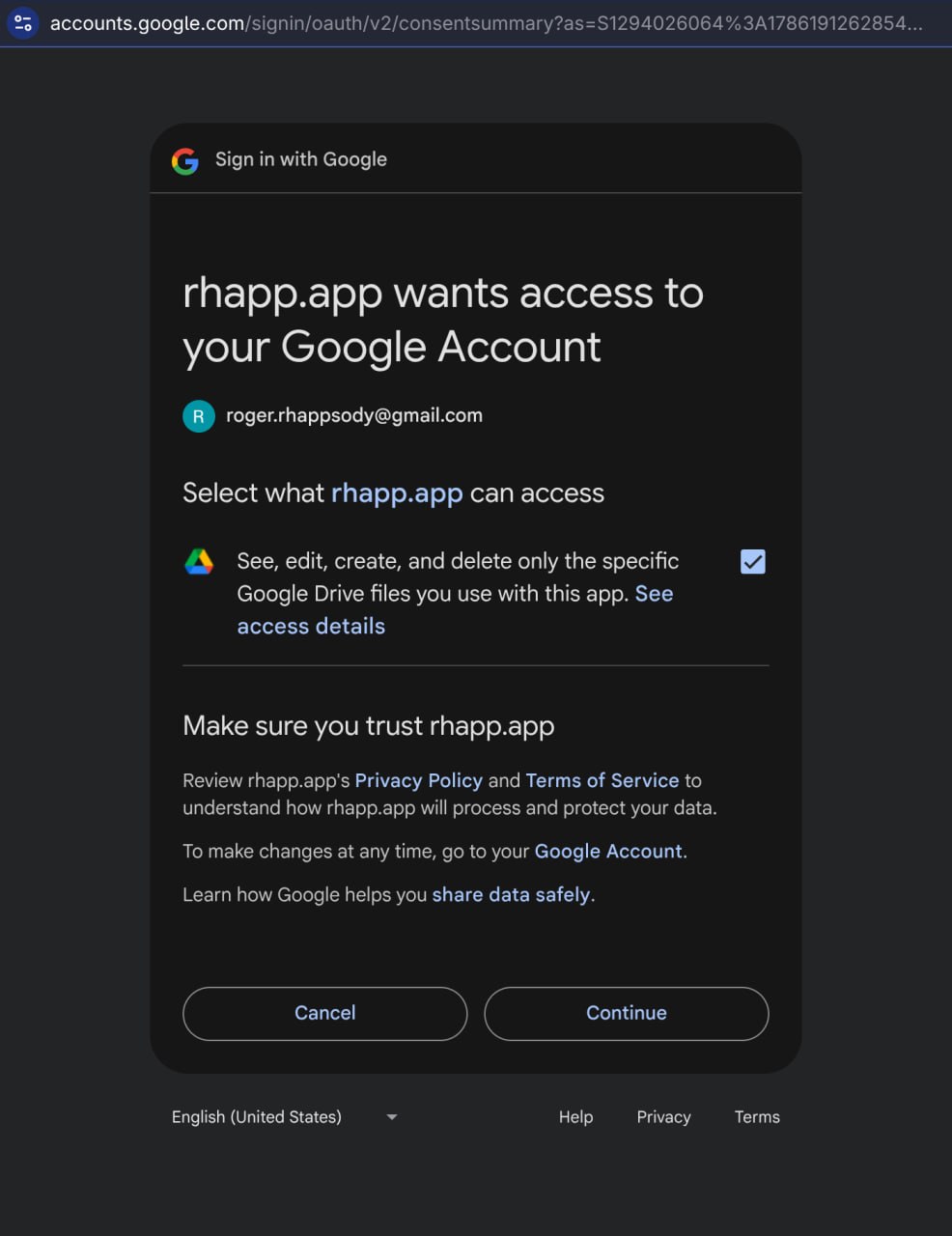 Same Google permissions screen with the checkbox now ticked