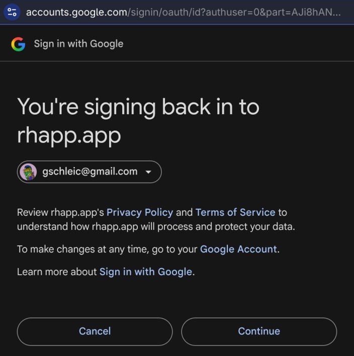 Google sign-in screen saying 'You're signing back in to rhapp.app', showing the selected account