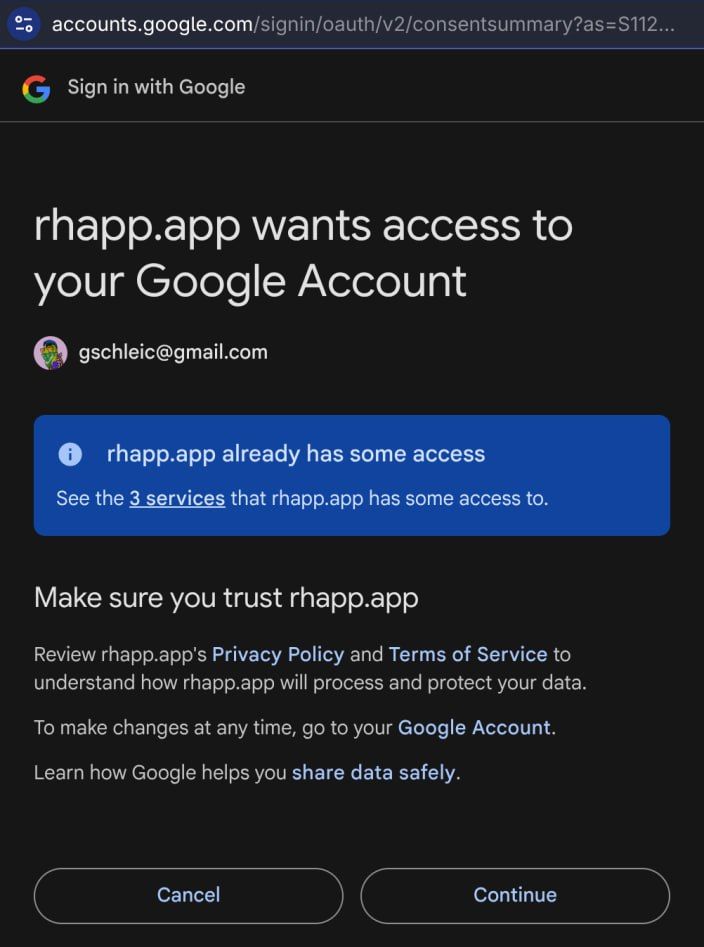 Google screen saying 'rhapp.app wants access to your Google Account', with a blue box noting that rhapp.app already has some access